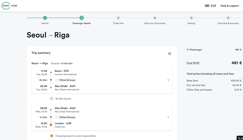 Booking a flight with Kiwi and purchasing Kiwi Guarantee