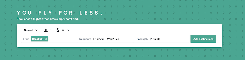 Choose origin airport, departure date and trip length to book a flight with Kiwi Nomad
