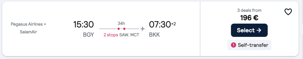 Skyscanner Self-Transfer Flight Example