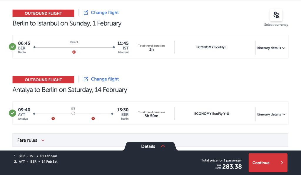 Booking an open-jaw flight on the website of Turkish Airlines
