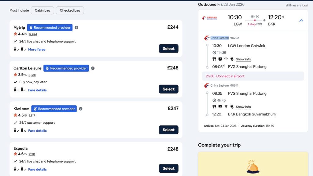 Flight booking options on Skyscanner